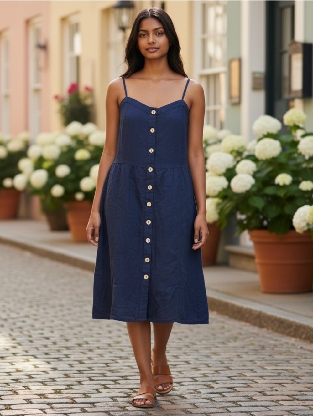 Maurice’s Navy Linen Blend Button Front Midi Dress L NWT Pockets